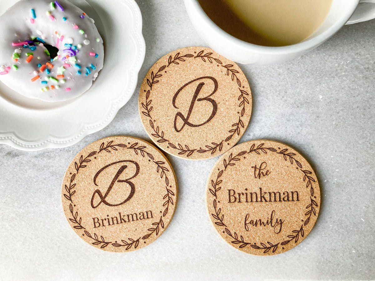 Modern Monogram Wreath Cork Coaster