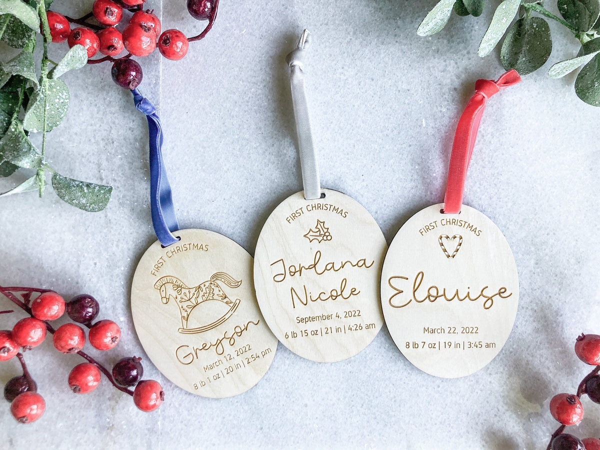Personalized Wood Baby’s First Christmas Ornament – Birth Stats